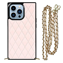 Coque en TPU + microfibre étui à chocs, motif de losanges et de lignes avec bandoulière rose pour votre iPhone 13 Pro 6.1 pouces