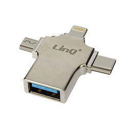 Adaptateur OTG 3 en 1 Lightning, USB-C et Micro-USB vers USB Compact LinQ Argent