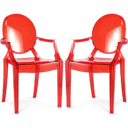 ICONIK INTERIOR Lot de 2 chaises de salle à manger transparentes - Design avec accoudoirs - Louis XIV Rouge transparent