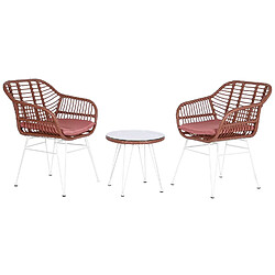 Pegane Ensemble de jardin avec table et 2 chaises en rotin terracotta et métal coloris blanc