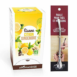 Aromandise Tisane gingembre et citron bio 20 sachets + paille inox avec filtre