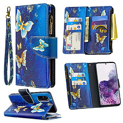 Etui en PU fermeture éclair à motifs avec 9 porte-cartes papillon cyan pour votre Samsung Galaxy S20