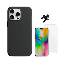 Kit Verre Trempé Clearglass + Housse Silicone Liquide + Support De Voiture Magnétique Phonecare Compatible avec Apple iPhone 16 Pro - Noir