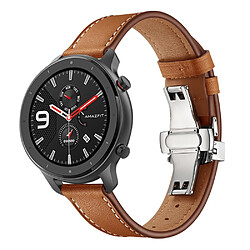 Bracelet en cuir véritable 22mm boucle papillon argent/marron pour votre Huami Amazfit GTR 47mm