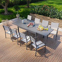 Avril Paris Table de jardin extensible en aluminium 270cm + 8 fauteuils empilables textilène anthracite gris - MILO 8