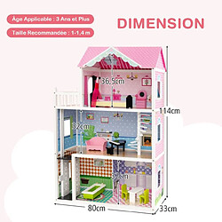 Helloshop26 Maison de poupée en bois à 3 etages avec 5 pièces et ascenseur et escalier rotatif maison avec autocollants & 10 meubles pour enfants de 3 ans+ rose 20_0006742 pas cher