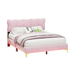 KOMHTOM Lit double rembourré Rose 160 x 200 cm, tissu velours avec éclairage LED, cadre à lattes et pieds en métal (matelas non inclus)