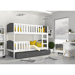 Kids Literie Lit Superposé Tami 90x190 (Sans Matelas) Blanc - gris Livré avec le sommiers et tiroir.