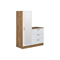 Acheter Vente-Unique Commode 3 tiroirs avec armoire et miroir - Blanc et naturel - VITORIO