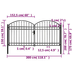 Acheter vidaXL Portillon double porte avec dessus arqué Acier 300x150 cm Noir