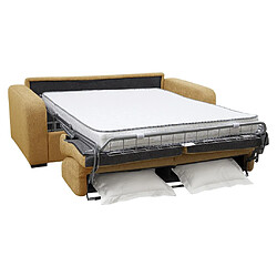 Avis Vente-Unique Canapé 3 places convertible express en tissu jaune moutarde - Couchage 140 cm - Matelas 14 cm - BEVIS