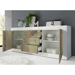 Dansmamaison Buffet moderne 2 portes 3 tiroirs en bois Blanc laqué brillant/Bois fumé - MILAN