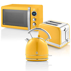 Retro Set Petit-Déjeuner Bouilloire 1,8L Grille-Pain 2 Tranches Micro-ondes 20L, 850, Jaune, SWAN, STRP2070YELNEU