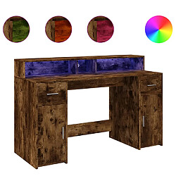 Helloshop26 Bureau table poste de travail meuble d'ordinateur informatique étude et lumières LED chêne fumé 140 x 55 x 91cm bois d'ingénierie brun 02_0023784