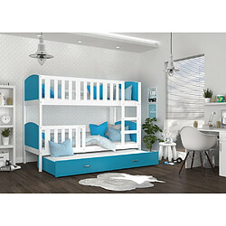 Acheter Kids Literie Lit Superposé 3 Places Tomy 90x190 Blanc - bleu Livré avec sommiers, tiroir et matelas en mousse de 7cm