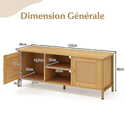 Helloshop26 Meuble TV jusqu'à 55 pouces table console multimédia en rotin pe 2 armoires étagère ouverte 5 pieds en métal centre de divertissement 2 trous naturel 20_0008883 pas cher