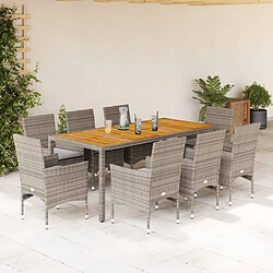 vidaXL Ensemble à manger de jardin et coussins 9 pcs gris rotin acacia