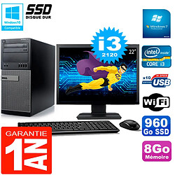 PC Tour DELL 7010 Ecran 22" Core I3-2120 RAM 8Go Disque 960 Go SSD Wifi W7 - Occasion