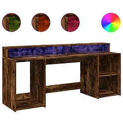 Helloshop26 Bureau table poste de travail meuble d'ordinateur informatique étude et lumières LED chêne fumé 200 x 55 x 91cm bois d'ingénierie brun 02_0023788