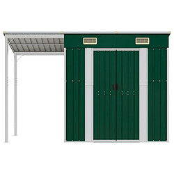 Helloshop26 Abri de jardin cabane cabanon maison de stockage remise extérieur hangar outils robuste avec toit prolongé 277 x 110,5 x 181 cm acier vert 02_0022221