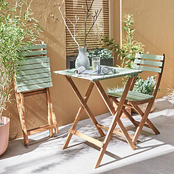 Avis Table de jardin bistrot 60x60cm - Barcelona Bois / Vert de gris - pliante bicolore carrée en acacia avec 2 chaises pliables | sweeek