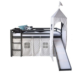 Homestyle4U lit mezzanine gris 90x200 avec toboggan tour echelle et rideau etoiles