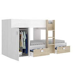 Acheter Pegane Lit enfant superposé avec armoire et 2 tiroirs coloris chêne naturel, imitation lamelles, blanc - Longueur 271 x Profondeur 111 x Hauteur 150 cm