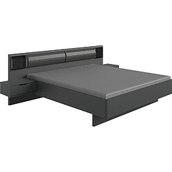 Pegane Lit adulte double King Size 180 x 200cm + 2 chevets coloris gris graphite - Longueur 289 x Profondeur 210 x Hauteur 92 cm