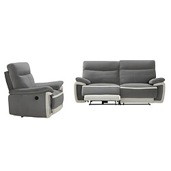 Vente-Unique Canapés 3 places et un fauteuil relax électrique en velours METTI - Gris et bandes écru