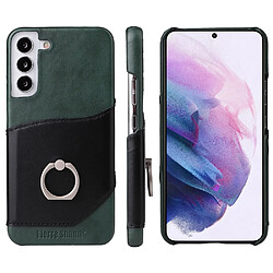 Coque en TPU + cuir véritable FIERRE SHANN avec béquille en anneau et porte-carte vert pour votre Samsung Galaxy S22 5G