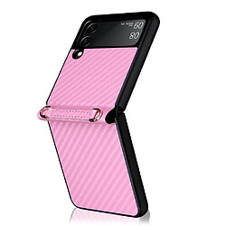 Coque en TPU + PU texture en fibre de carbone avec lanière rose pour votre Samsung Galaxy Z Flip3 5G