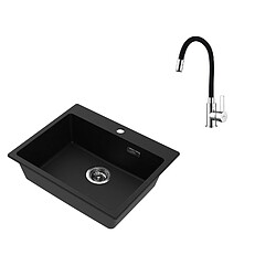 Auralum MAX 1 Bac Évier Cuisine en Granit,55*45*20cm,Kit de Vidage,Noir+Robinet de Cuisine Flexible Bec Haut Orientable