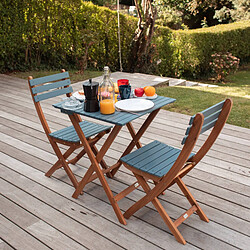 Avis Table de jardin bistrot 60x60cm - Barcelona Bois / Bleu - pliante bicolore carrée en acacia avec 2 chaises pliables | sweeek