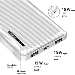 SANAG Pa0316W - Powerbank 10000 Mah, 2 Ports Usb-A (Pour Appareils) Avec Fonction De Charge Rapide, Usb-C + Micro-Usb (Charge De La Batterie Externe)