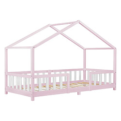 Lit d'Enfant Forme Maison avec Grille de Protection Treviolo 200 x 90 cm Rose Blanc Mat Laqué [en.casa]