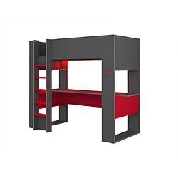 Avis Vente-Unique Lit mezzanine gamer NOAH avec bureau et rangements intégrés - 90 x 200 cm - Avec LEDs - Anthracite et rouge