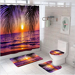 Universal Coucher du soleil Crépuscule Feuilles de noix de coco Vue Rideaux de douche Vue mer Eté Toilette Baignoire Rideaux Décoration maison Lavable 4PCS Set |(Violet)