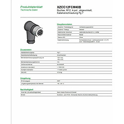 Schneider Electric XZCC12FCM40B Connecteur nu Femelle, M12, Métal Bague Matière, 4 Broches, Angle Droit, Presse-Étoupe Pg7, 3 A, 125-150V