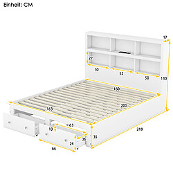 Acheter Sweiko Lit adulte Lit double Lit 160x200 cm bois massif lit plateforme king size avec deux tiroirs blanc