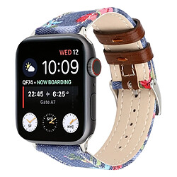 Wewoo Bracelet en cuir véritable avec Motif fleurs denim pour Apple Watch séries 3 et 2 et 1 de 38 mm bleu foncé