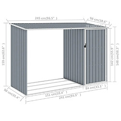 vidaXL Abri à bois de jardin Gris 245x98x159 cm Acier galvanisé pas cher