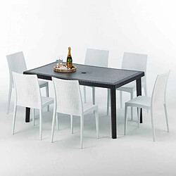 Grand Soleil Table rectangulaire et 6 chaises Poly rotin colorées 150x90cm noir Enjoy, Chaises Modèle: Bistrot Blanc