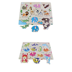 2pcs Puzzle en Bois Casse-tête Jigsaw Bébé Coins Lisses Sans Bavures avec Poignée Jouet d'Enfant de Coordination Oeil-main - Océan + Animal