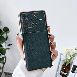 Coque en TPU + cuir véritable électroplaqué pour votre Vivo X80 Pro 5G - vert nuit