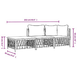 vidaXL Salon de jardin avec coussins 3 pcs blanc acier pas cher