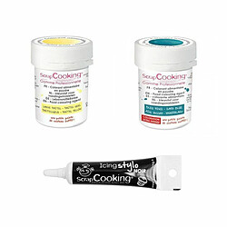 Scrapcooking 2 colorants alimentaires bleu foncé-jaune pastel + Stylo glaçage noir