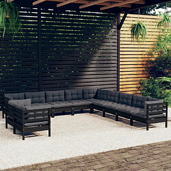 Maison Chic Salon de jardin 11pcs + coussins - Mobilier/Meubles de jardin - Table et chaises d'extérieur Noir Bois de pin massif -MN68175