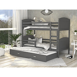 Kids Literie Lit Superposé 3 Places Mateo 90x190 Gris - gris Livré avec sommiers, tiroir et matelas en mousse de 7cm