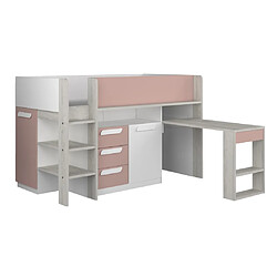 Vente-Unique Lit combiné 90 x 200 cm - Avec bureau et rangements - Rose, naturel et blanc + Matelas - LOUKALA