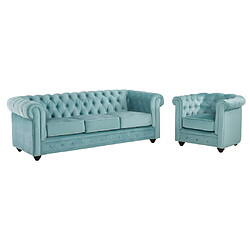 Avis Vente-Unique Canapé 3 places et fauteuil CHESTERFIELD - Velours bleu pastel